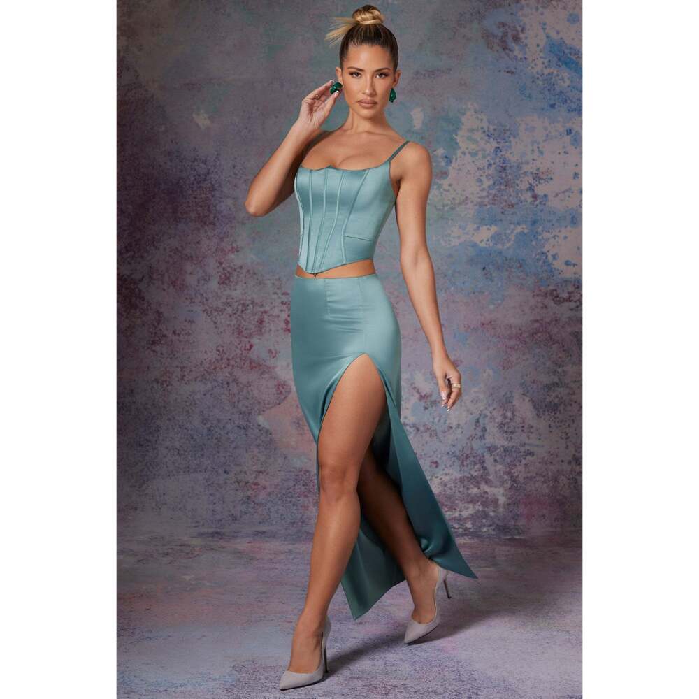 Oh Polly Side Split Satin Maxi Skirt in Light Teal 6